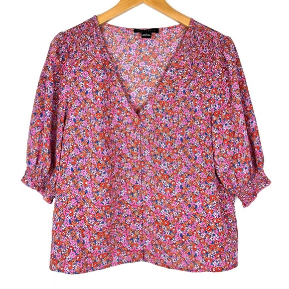 Sanctuary It’s A Must Smocked Puff Sleeve Blouse Pink Meadow Ditsy Floral Large - Picture 3 of 7